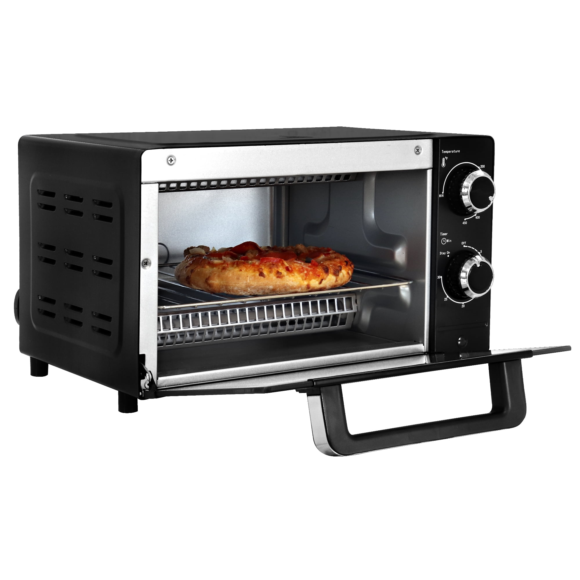 Total Chef Countertop Toaster Oven, Pizza Maker, 4 Slice Capacity Compact Oven, Bake, Toast, Roast, Broil, Natural Convection, Black And Stainless Steel