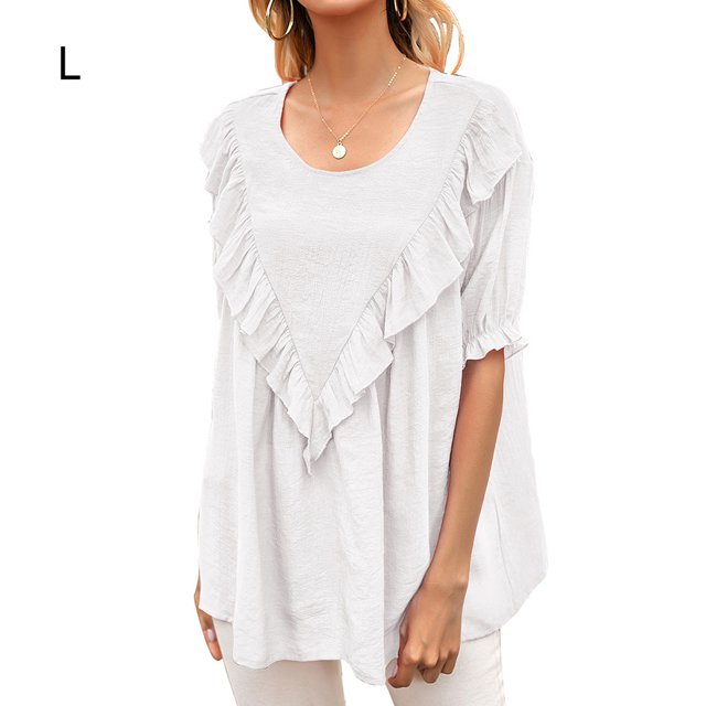 Camiseta de mujer de manga corta, cuello redondo, camisa con volantes, camiseta holgada de verano, blanco, L AweSitey AP001237-03