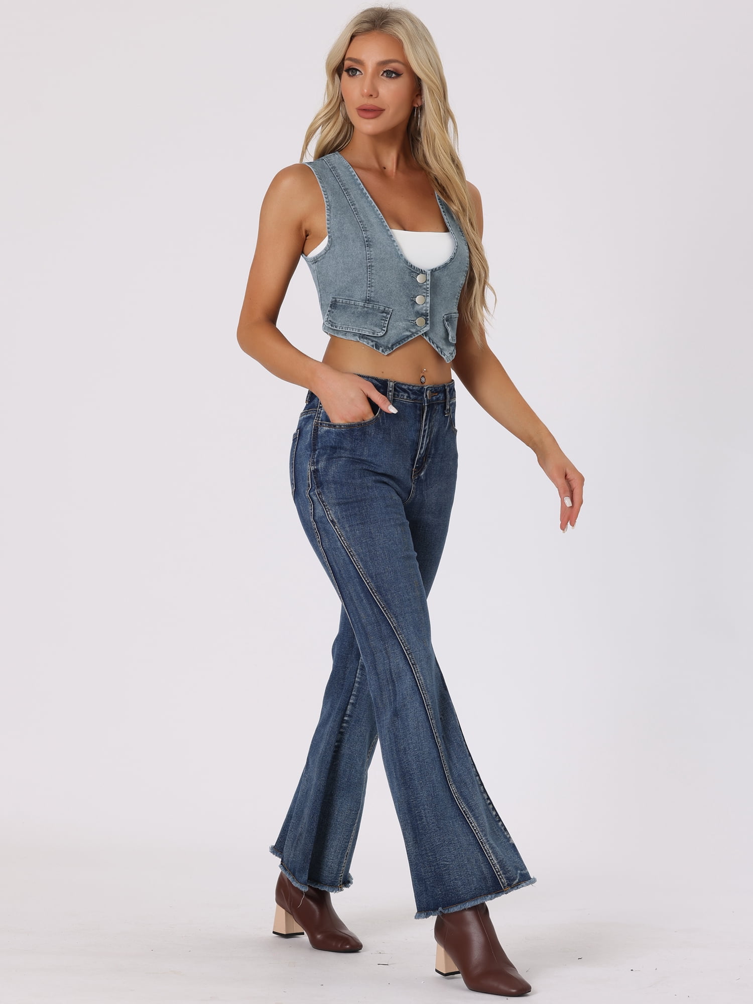 DARING DIVA Women's Denim Button Up Jean Crop Racerback Vest Jacket XS Gray Blue