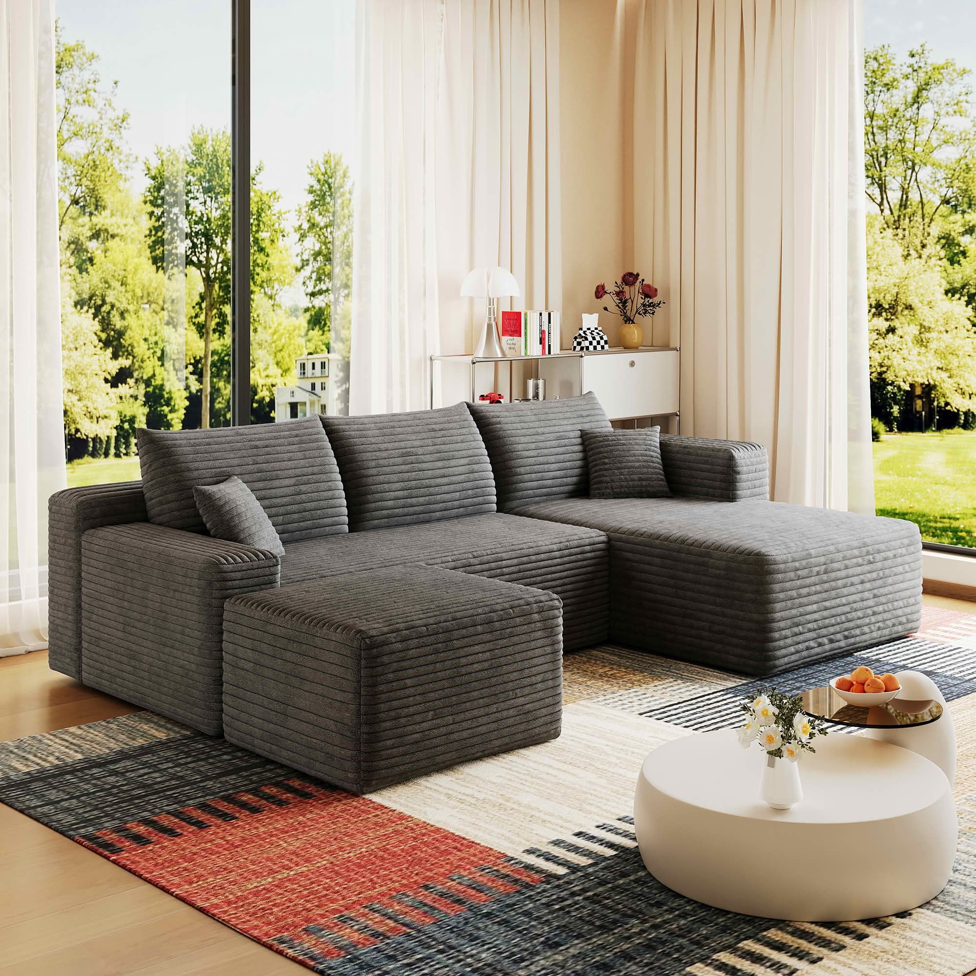 MAYEERTY 95 Inch U‑Shaped Cloud Sectional Sofa with 1 Ottoman, Modern Deep‑Seat Corner Couch, Plush Corduroy Reversible Sofa, No‑Assembly for Living Room Bedroom Apartment