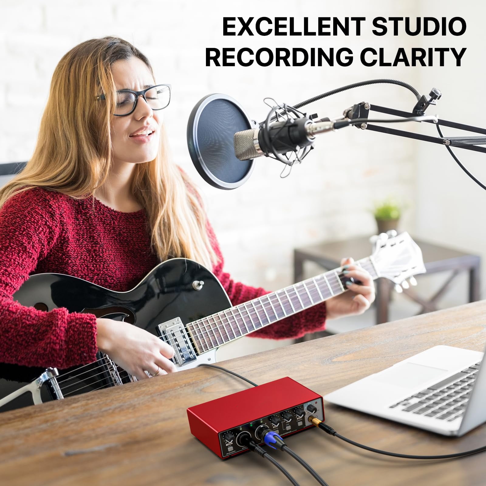 Yunnyp USB Audio Interface 24Bit/192kHz High-Resolution Sound Card for Music Recording, Studio, Guitar, Podcast, Streaming, Compatible with PC and Mac, Metallic Red
