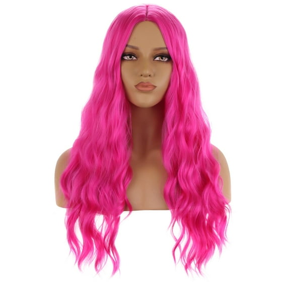 RightOn Hot Pink Wigs Long Wavy Wig for Women Curly Heat Resistant Hair Wigs Cosplay Party with Wig Cap