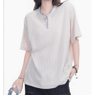 Henley Neck Short Sleeve Ribbed T-Shirt, Women's