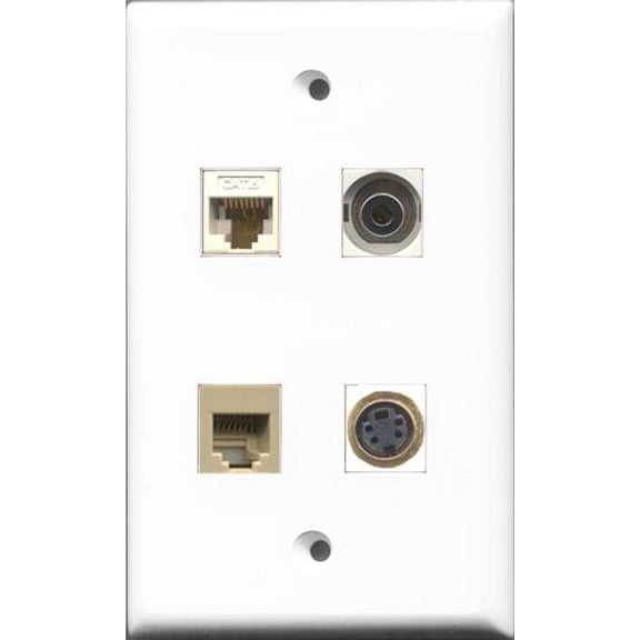 RiteAV 1 Port Phone RJ11 RJ12 Beige and 1 Port S-Video and 1 Port 3.5mm and 1 Port Cat6 Ethernet White Wall Plate