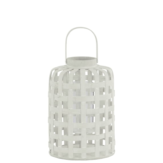 Saltoro Sherpi Wood Round Lantern with Lattice Design Body and Handle,White