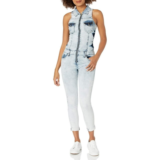 COVERGIRL Salopette en Denim Sans Manches à Coupe Ajustée pour Femme, Corps Entier, Délavé Pierre, Combinaison