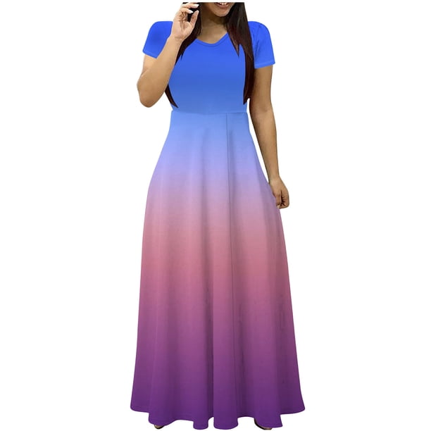 Vestido de Verano para las Mujeres Gradiente Impreso Cuello en V Manga Corta de la Longitud Del Tobillo Vestido, Vestido Corto de Verano
