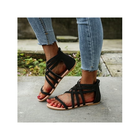 

Daeful Women Flat Sandals Clip Toe Thong Sandal Strappy Flip Flops Summer Soft Casual Back Zip Flats Shoes Black 10
