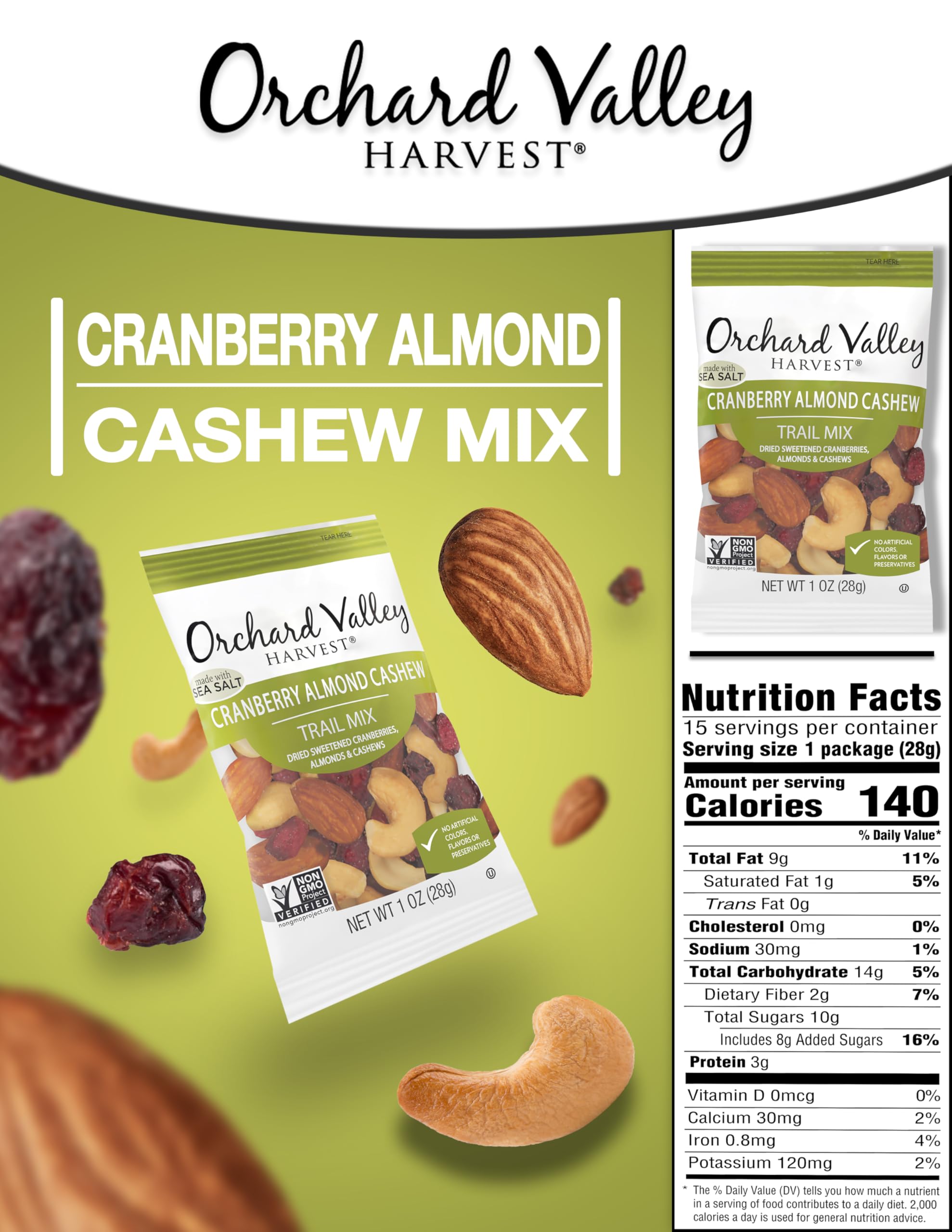 Orchard Valley Harvest Cranberry Almond Cashew Trail Mix, 1 Ounce Bags (Pack of 15), Cranberries, Almonds, and Cashews, Non-GMO, No Artificial Ingredients
