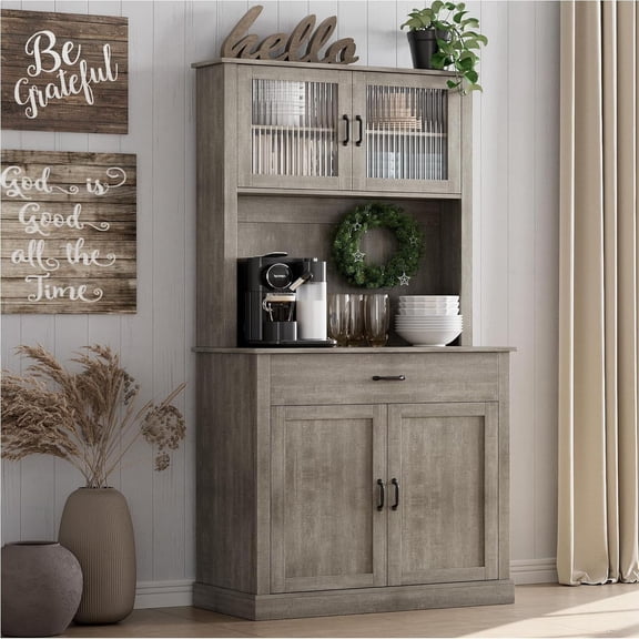 Ataucjin Kitchen Pantry Cabinet with 2 Drawers, Farmhouse Tall Storage Cabinet, 71”Freestanding Tall Kitchen Cabinet, Wood Food Pantry with Barn Doors and Adjustable Shelves Versatile Storage