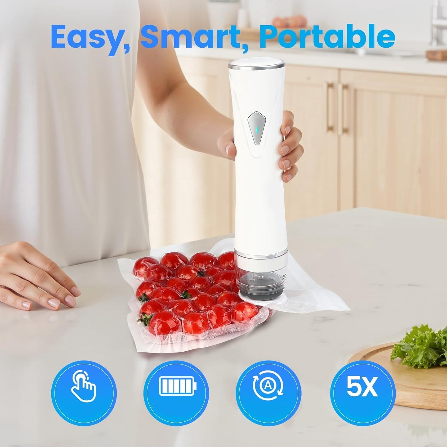 Vacuum Sealer for Food with Visible Tank, Handheld Vacuum Sealer Machine with 30 Bags for 5X Longer Freshness, Wireless & Portable, White