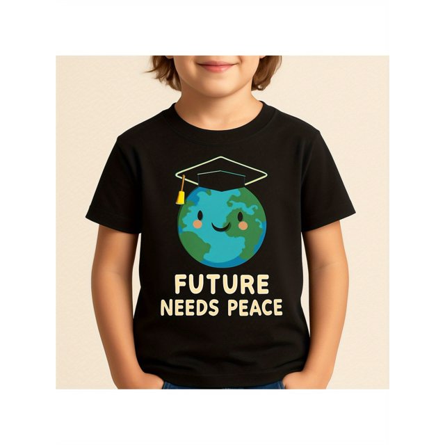 Kids T-Shirt - Boys & Girls Anti-War Tee with Earth Graduate Design, Soft Cotton Teaching Peace Values, Machine Washable Black Shirt for School Events & Birthday Parties