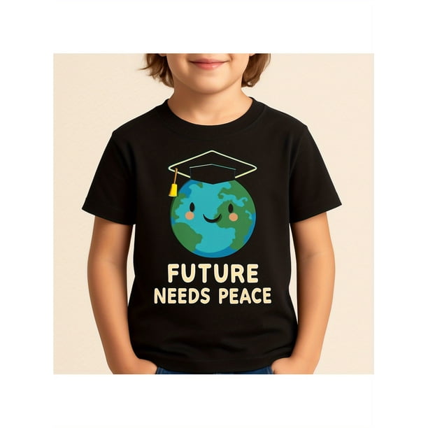 Kids T-Shirt - Boys & Girls Anti-War Tee with Earth Graduate Design, Soft Cotton Teaching Peace Values, Machine Washable Black Shirt for School Events & Birthday Parties
