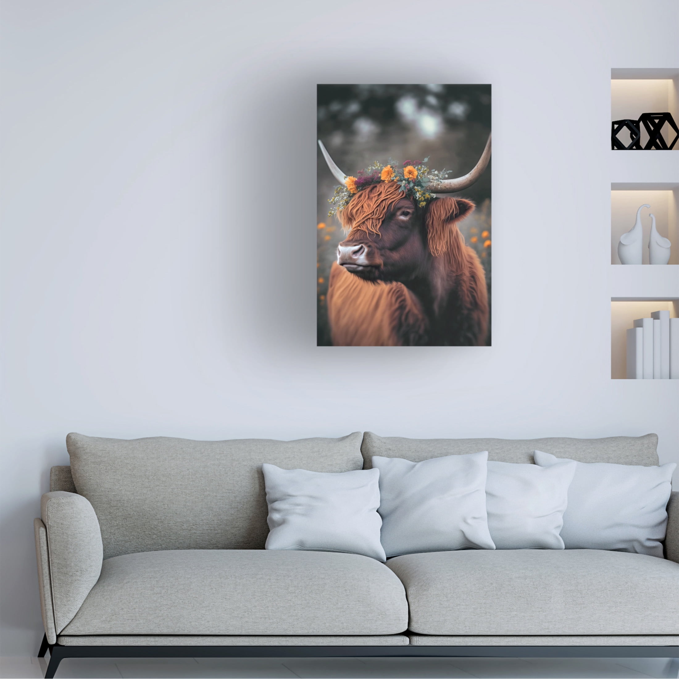 Canvas Wall Art - Treechild 'Highland Cow With Flowers' Wall Art for Living Room, Bedroom, or Office D?cor by Trademark Fine Art - 22 x 32 Inches