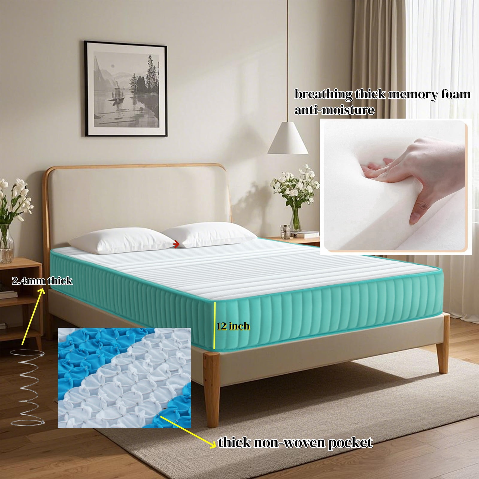BMMB Full Size Summer Cooling Breathing Mattress, 12'' Medium Firm Comfortable Hybrid Innerspring and Memory Foam Mattress
