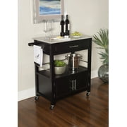 Linon Cameron Wood Granite Top Rolling Kitchen Cart Ample Storage in Black