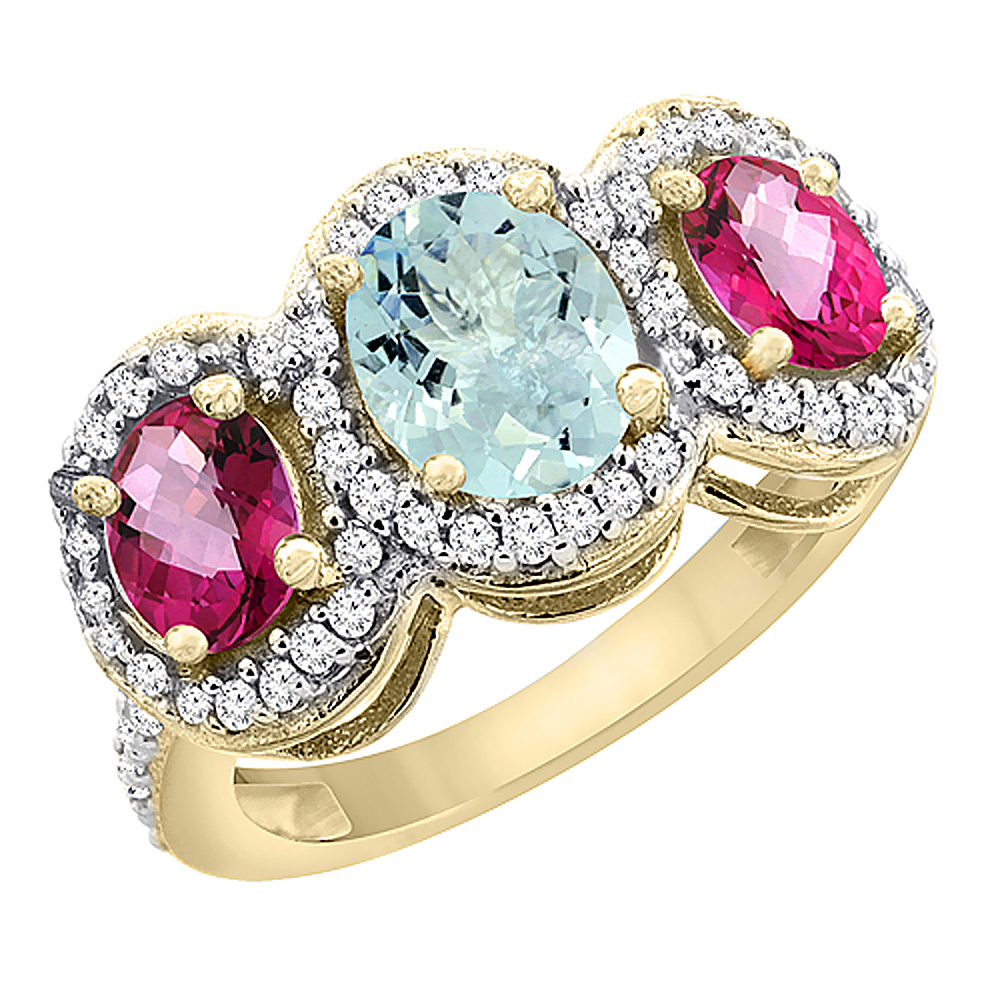10K Yellow Gold Natural Aquamarine & Pink Topaz 3-Stone Ring Oval Diamond Accent, size 5.5 by Gabriella Gold