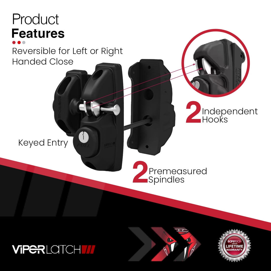 Safetech Hardware ViperX2 Gravity Gate Latch | Two-Sided Keyed Alike | 2 Independent Latching Hooks Key Lockable Both Sides | Privacy Gate Gravity Latch | Vinyl, Wood, & Aluminum Gates - Black