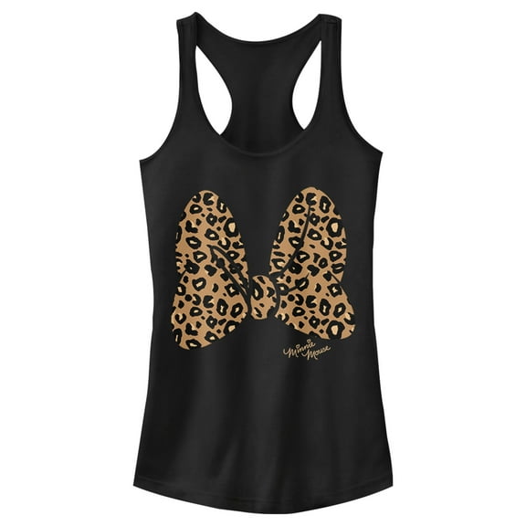 Junior's Mickey & Friends Cheetah Print Minnie Mouse Bow Racerback Tank Top Black Medium