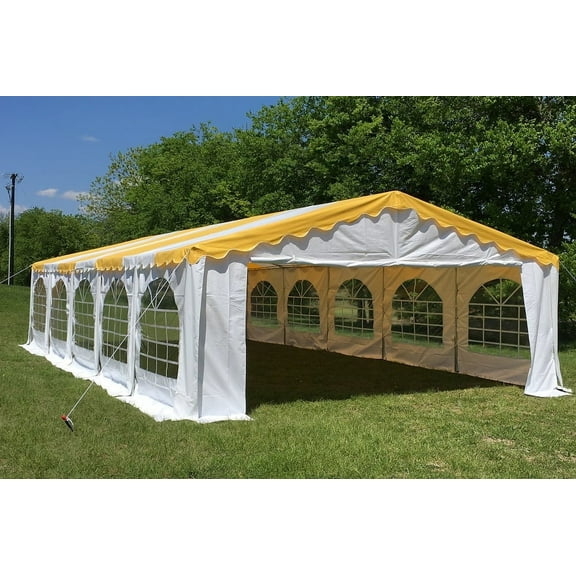 Delta Canopy 32'x16' Budget PVC Party Tent Wedding Canopy Gazebo with Steel Frame, Removable Side Window Walls and End Panels - Yellow White