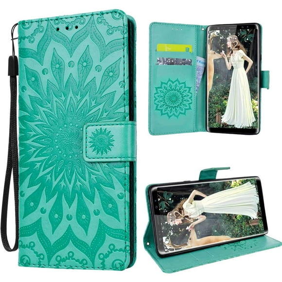 For Samsung Galaxy Note 9 Mobile Phone Cover Leather Pu Wallet Flip Case Flower Pattern Sunflower - Green