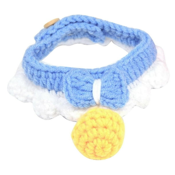 Knitting Cat Collar with Bell Bow Tie Decoration Kitten Bib Accessory Cute Pet Neck Wrap for Small Cats and Dogs Blue L (30‑35cm / 11.8‑13.8in)