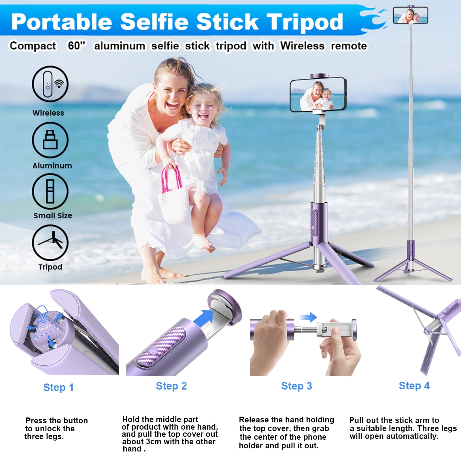 TONEOF 60in Phone Selfie Stick Tripod with Remote,  Travel Tripod Stand Portable for iPhone and Android（Purple）