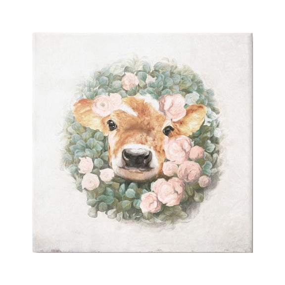 Stupell Industries Adorable Baby Calf Cow Pink Blossom Wreath Painting Gallery Wrapped Canvas Print Wall Art, Design by White Ladder