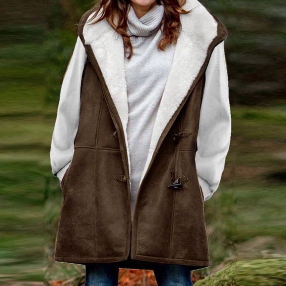 AOOCHASLIY Black and Friday Women Coat Christmas Gift Women Winter Solid Plus Velvet Coat Sleeveless Horn Buckle Pocket Over Coat Tops