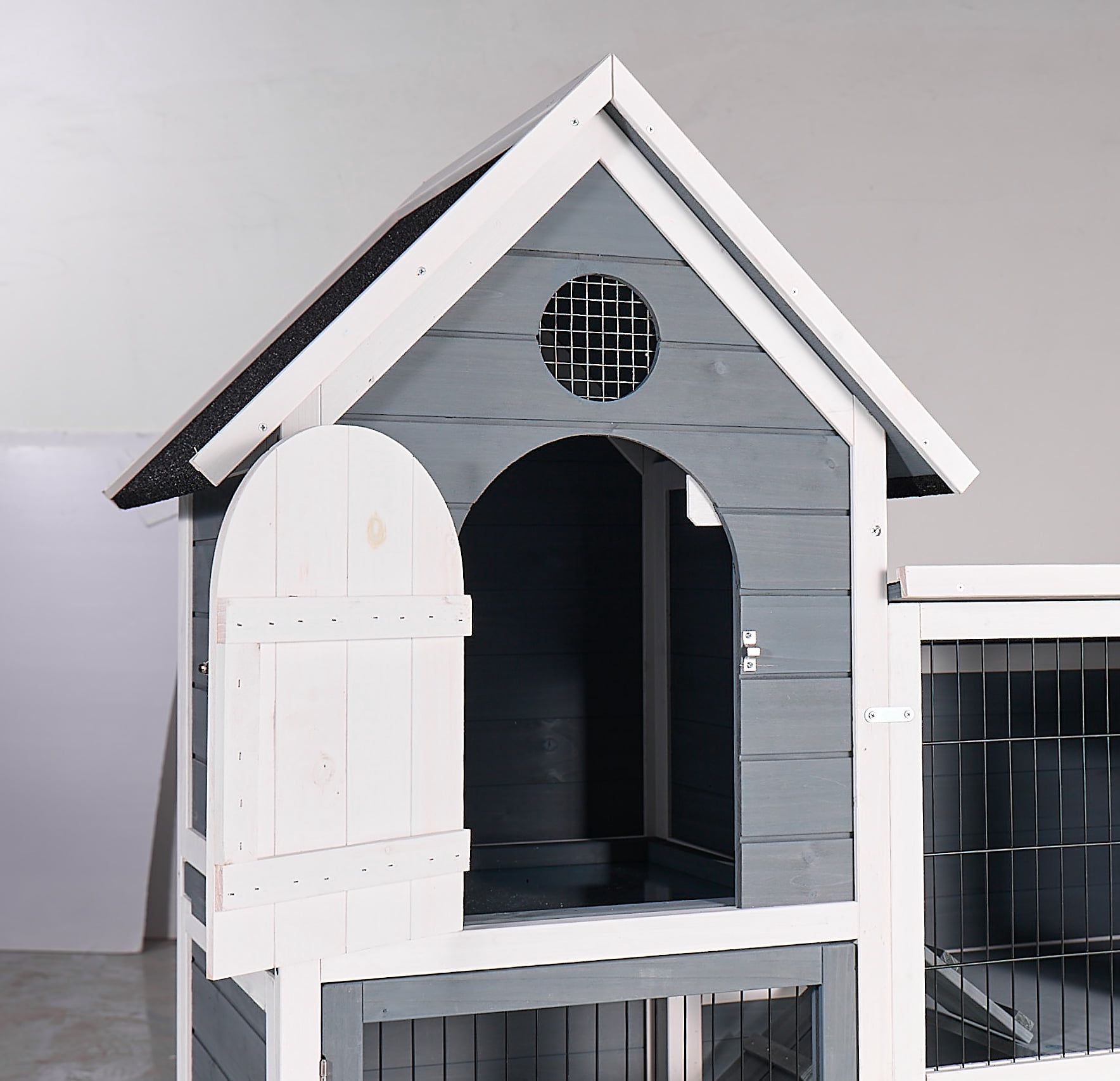 Izzovium Large Wooden Chicken Coop Cage with Pull-Out Tray, 2-Story Rabbit Hutch Waterproof Roof for Outdoor Use, 51x48 Inch, Grey & White