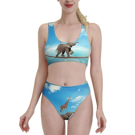 Bixox Elephant Giraffe Pattern Two-Piece Sports Bikini with U-Shaped Top and High-Waist Bottom - Women s Swimwear with Removable Bra Pads