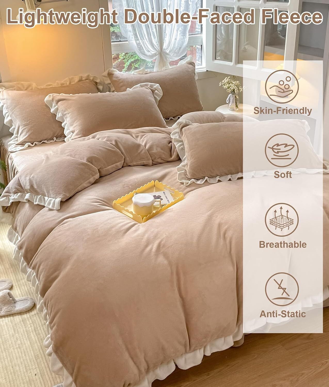 TOPCHANCES 3 Piece Duvet Cover Set, Soft Velvet Fabric Bedding Sets with Zipper Closure and 1 Pillowcase (Light Brown, Twin Size)