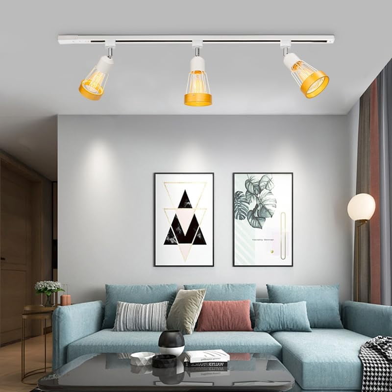 KAYYELAMP Adjustable Angle J-Type Retro Style Track Head Lighting E26 Base Wood Metal White Track Ceiling Lamp For Kitchen Aisle Home Office(No Bulb)