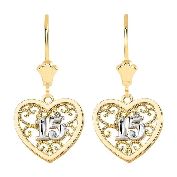 Two-Tone Gold Filigree Heart Quinceanera Leverback Earrings (10K Yellow Gold)