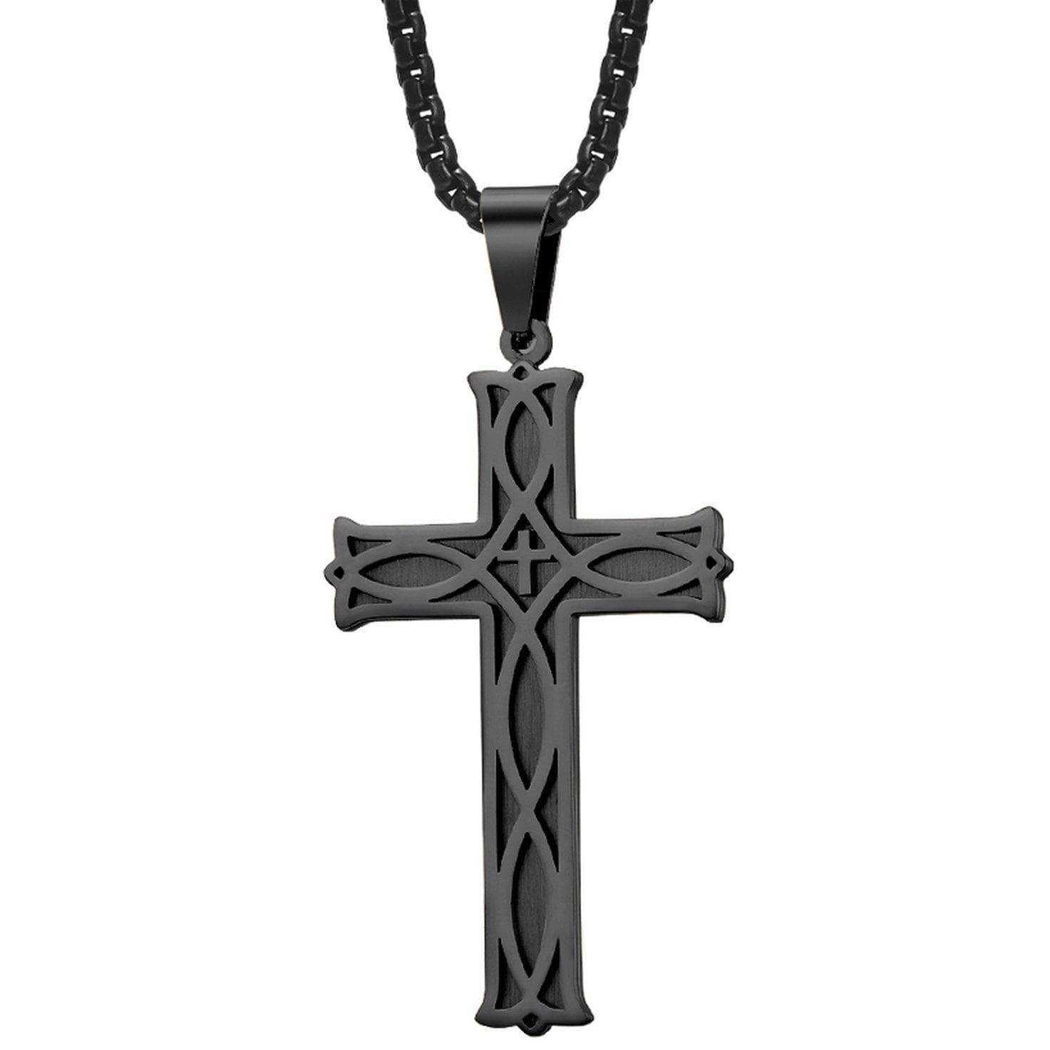 Men's Stainless Steel Celtic Knot Cross Pendant Necklace, Black