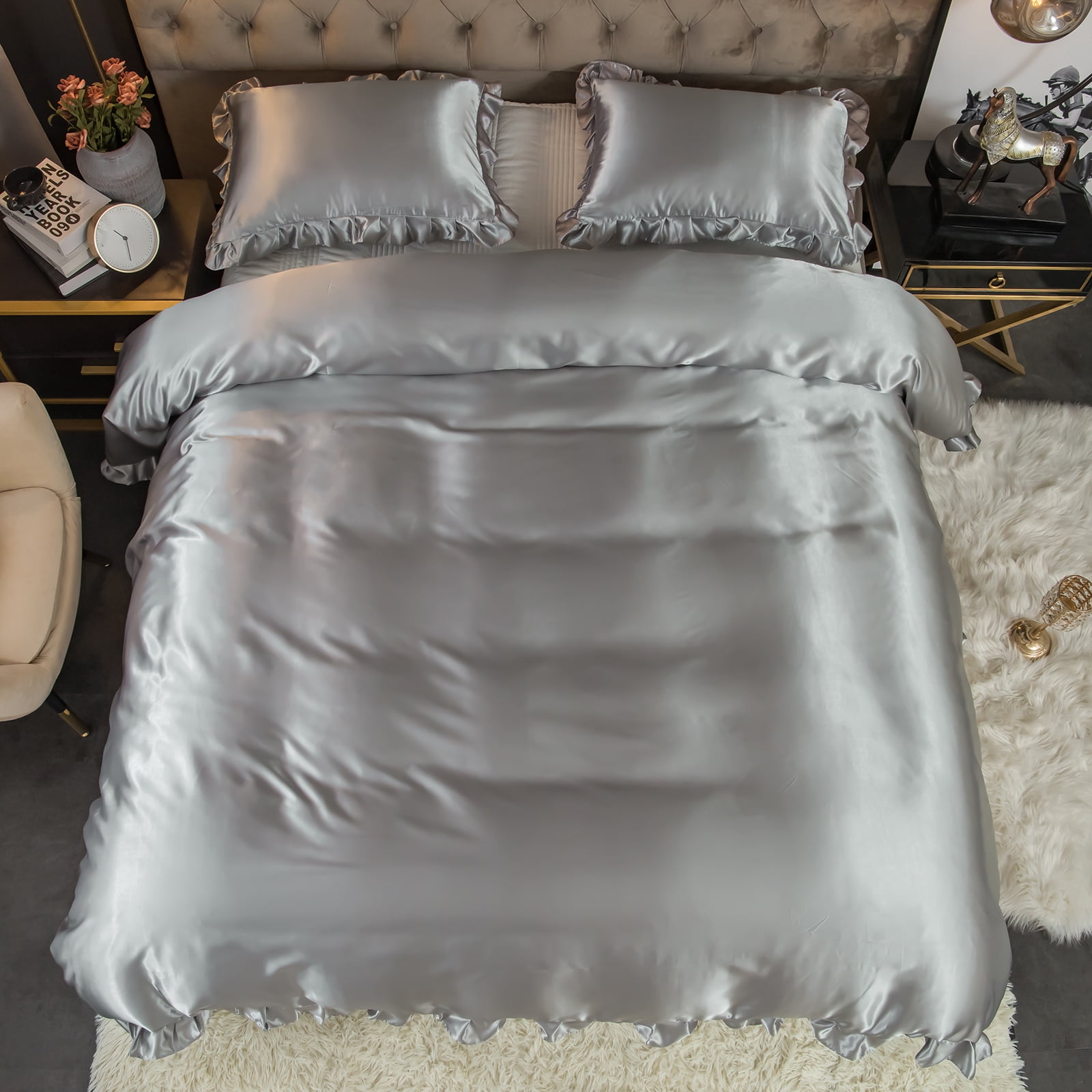 Move Over Light Gray Ruffle Comforter Set King Satin Bedding Set Gray Ruffle Design Solid Filling