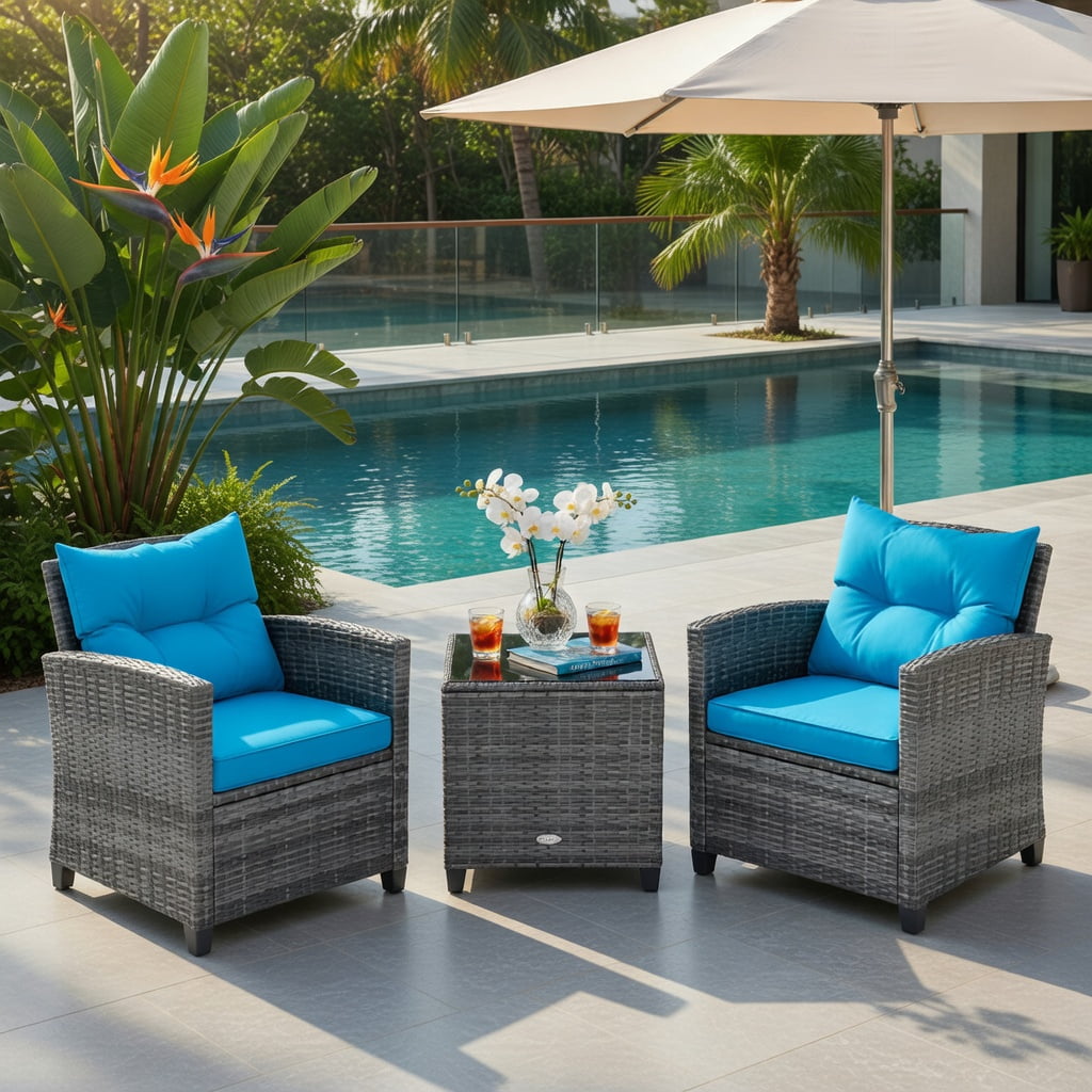 Hommoo 3-Piece Outdoor Wicker Conversation Set, Tempered Glass Coffee Table & 2 Armchairs with Removable Cushions, PE Rattan & Steel Frame, Turquoise