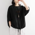 thumbnail image 3 of Women Summer Tops Casual Women Loose Sleeve Neck Blouse Round Shirt Short Summer Top Solid Women's Blouse Ladies Size Large Tops Womens plus And Blouses Laced Sleeves Long Shirt T Tunics Black 3XL, 3 of 4