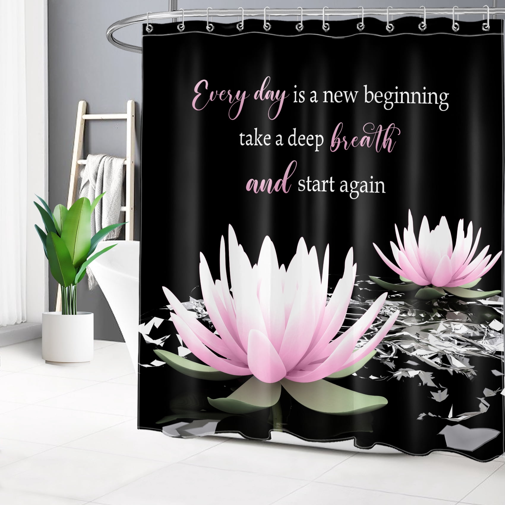 HVEST Pink and Black Floral Shower Curtain with Pink Water Lily and Inspirational Quotes Design - Zen Spa Flower Bathroom Decor, Waterproof Polyester Fabric, Includes 12 Hooks, 72x72 Inches