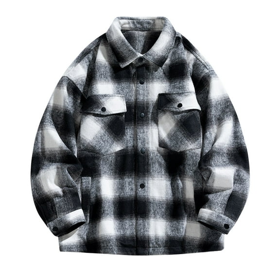 RongHuan Men's Sherpa Lined Flannel Shirt Jacket Long Sleeve Plaid Outwear Casual Button Down Shirts with Pockets Outdoor Lapel Outerwear
