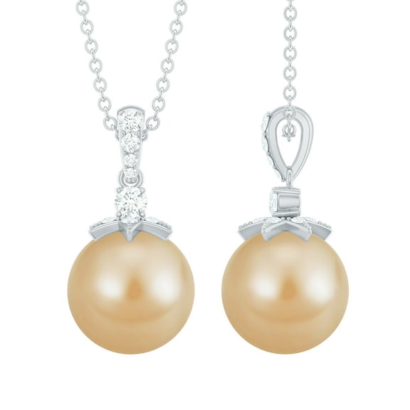 Rosec Jewels Cultured South Sea Pearl Pendant Necklace with Chain - 8 mm - AAA Quality - Pearl Diamond Necklace - Gift for Women, 925 Sterling Silver