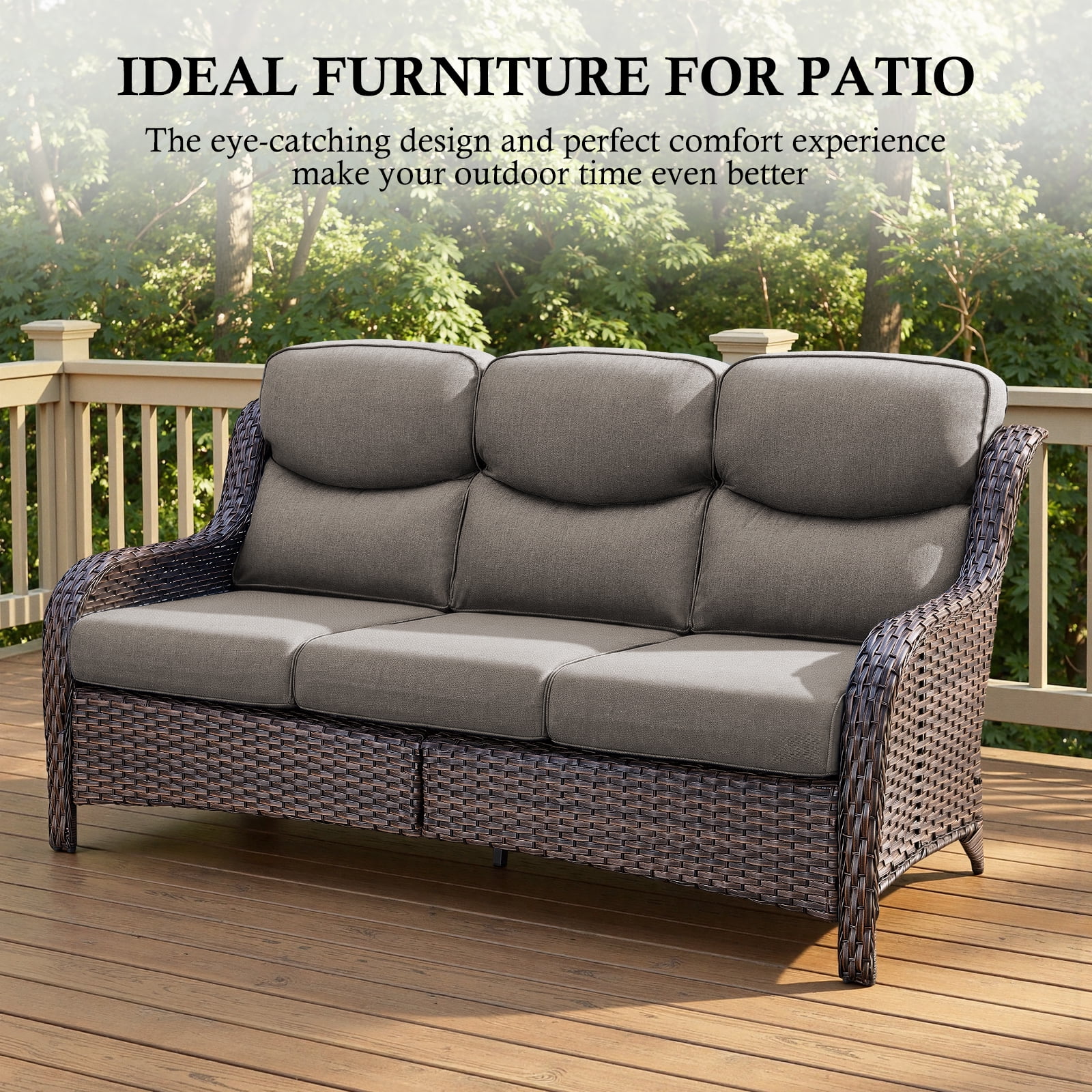 POCASSY 4-Piece Outdoor Patio Furniture Set with Swivel Chairs, Luxury High Back Rattan Wicker Outdoor Conversation Set with 5-inch Thick Seat Cushion Sofa and Swivel Glider Patio Chair for Porch