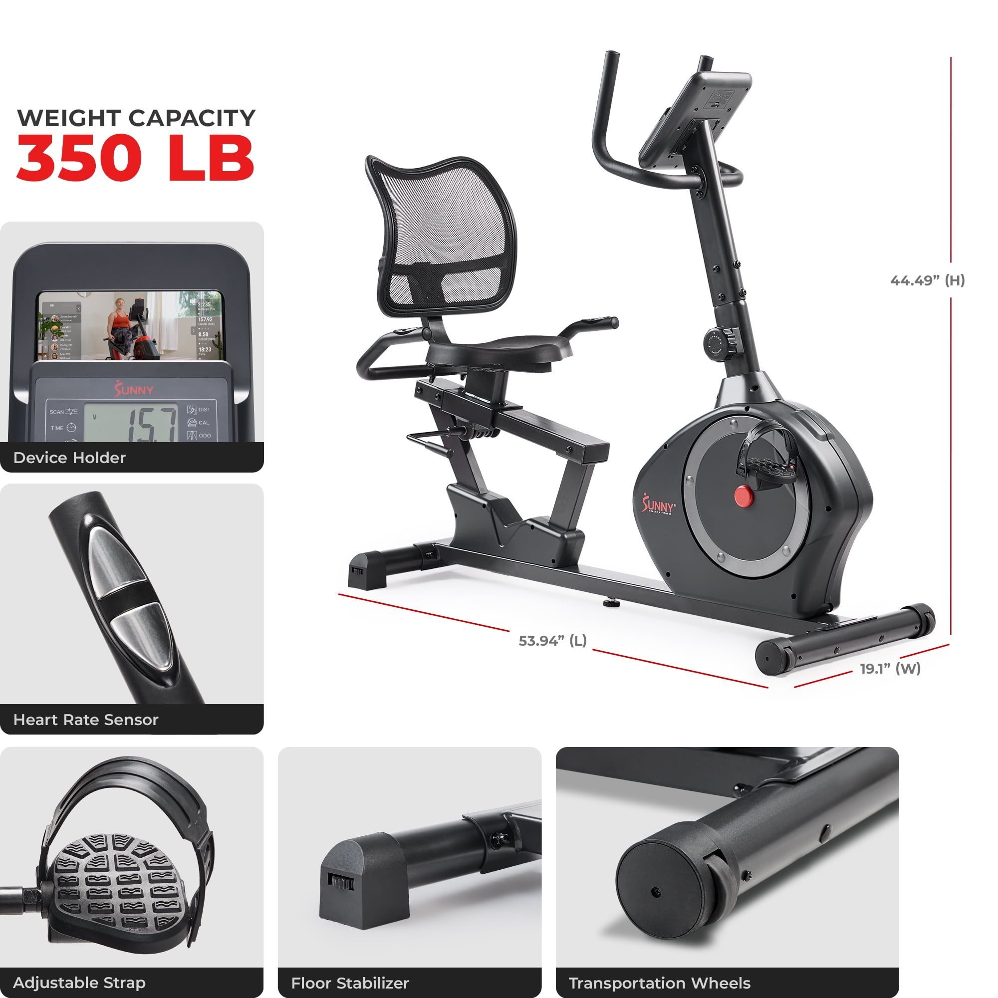 Sunny Health & Fitness Indoor Recumbent Cycling Bike w 350LB Capacity, Non-Crank Design, Cushion Seat for Senior or Rehab w Smart Bluetooth & FREE SunnyFit® App - SF-RB424002