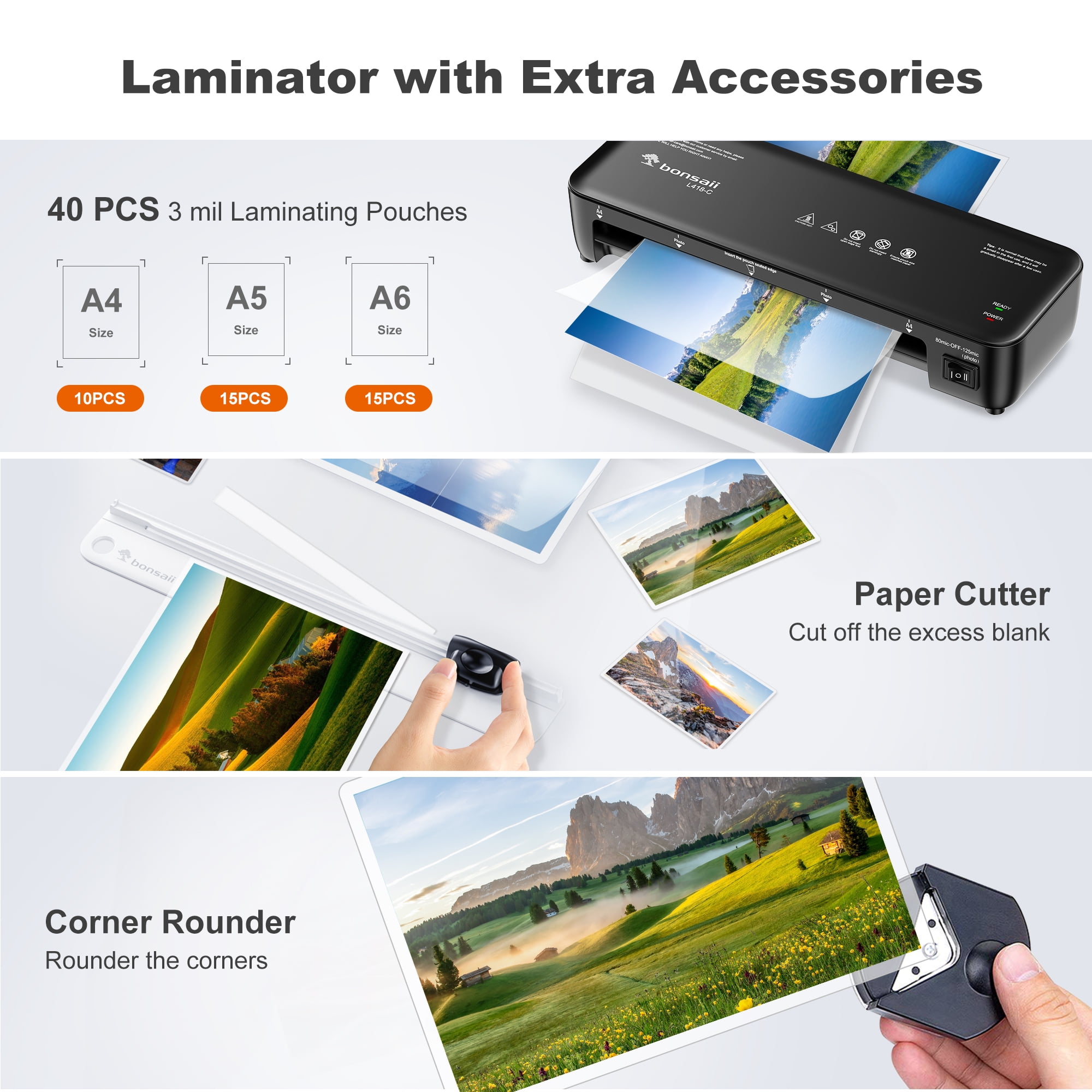 Bonsaii Laminator 9 inch A4 Thermal Laminating Machine with 40 Laminating Sheets, Paper Cutter and Corner Rounder