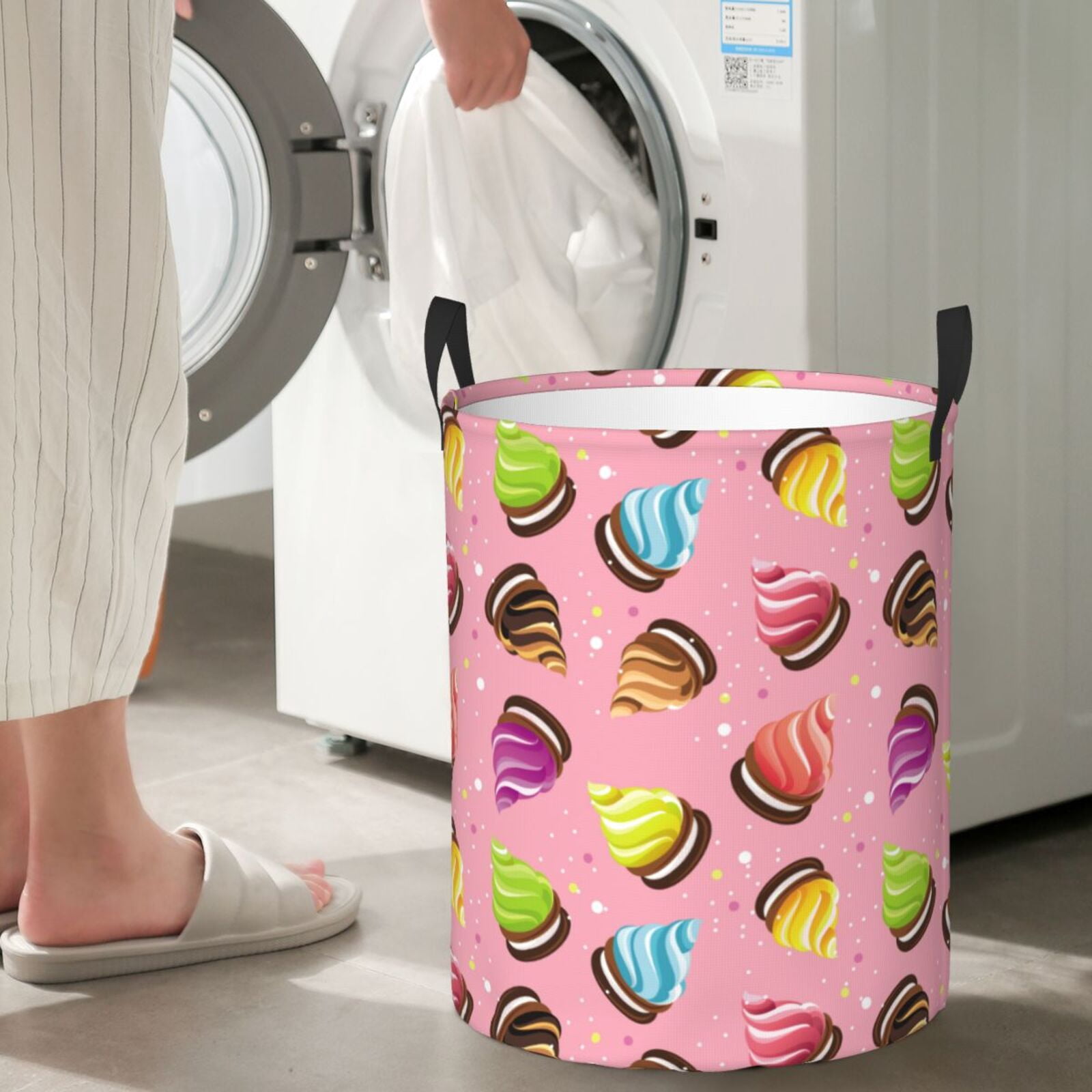 Large Laundry Basket with Handles - Colourful Ice Cream Print Pink Kids Baby Dirty Clothes Laundry Hamper for Bedroom Aesthetic