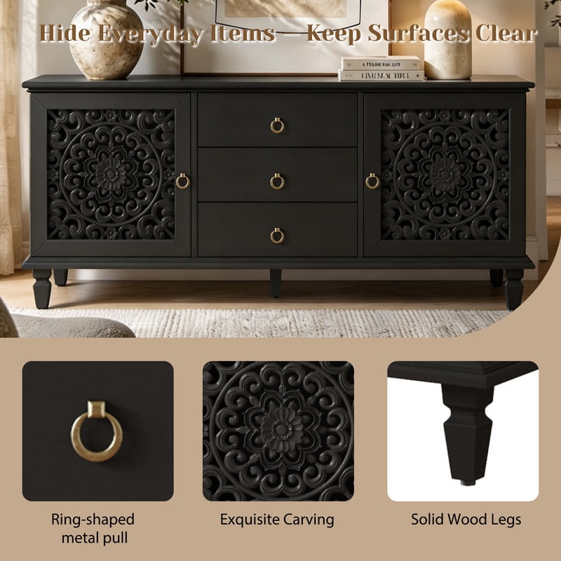 Vintage TV Stand with Carved Doors for 65'' TVs, Freestanding Storage Cabinet Media Console with Drawers & Adjustable Shelf
