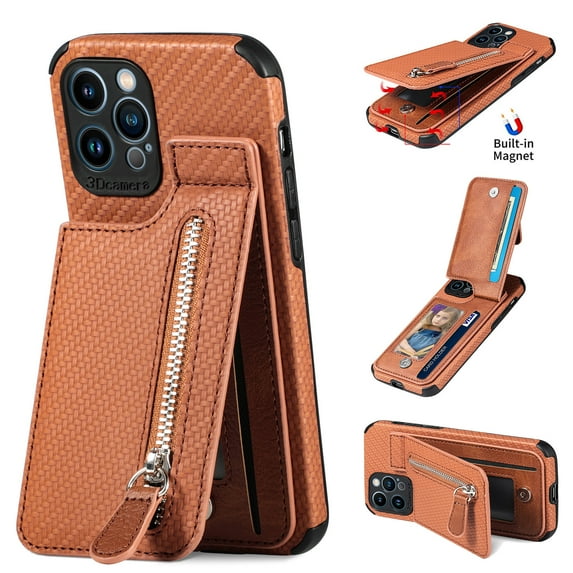 Allytech Wallet Case For iPhone 12 Pro Max,Zipper Wallet Card Slot Kickstand Shockproof Carbon Fiber Case Cover,6.7 inch,Brown