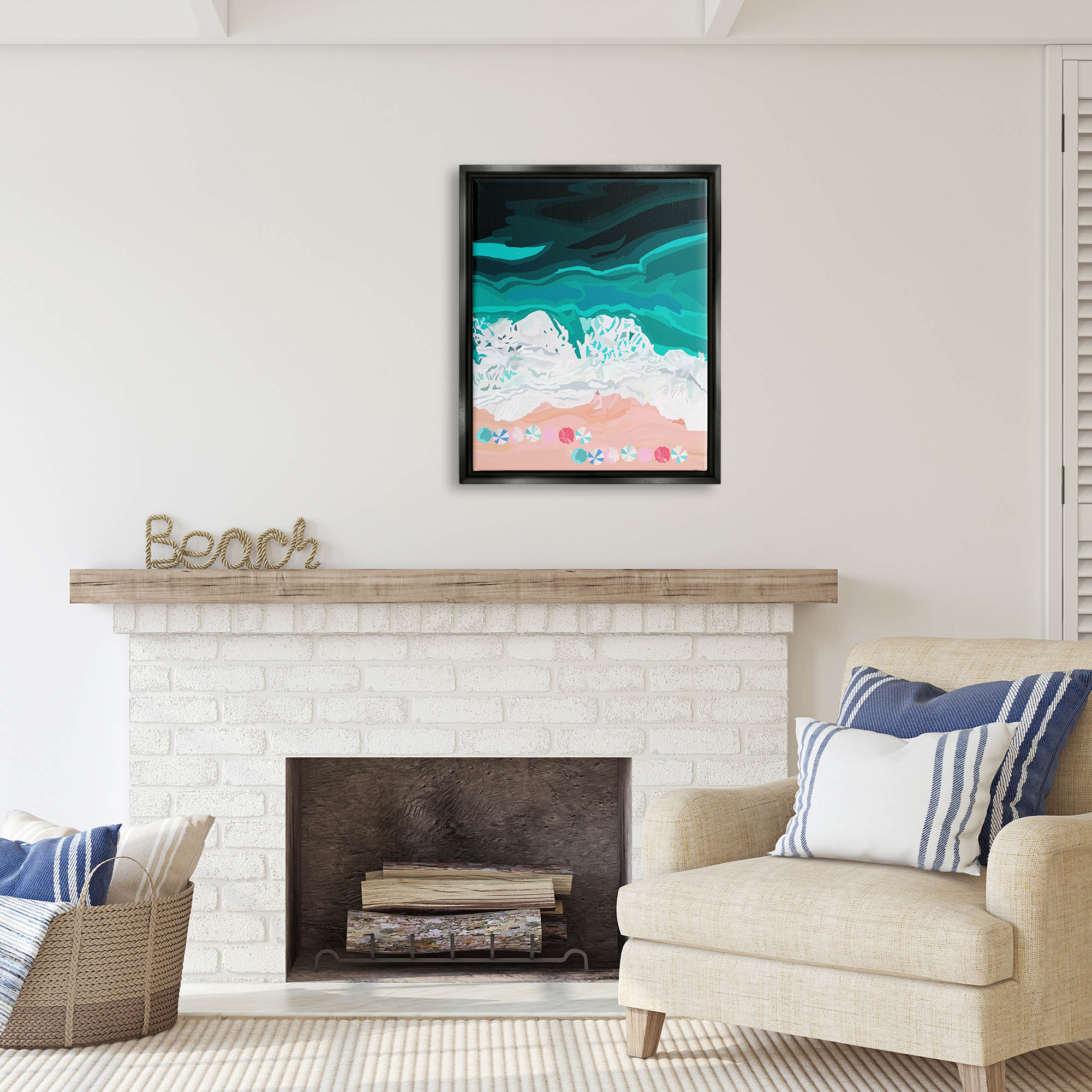 Stupell Industries Aerial View Beach Umbrellas Coastal Painting Black Floater Framed Art Print Wall Art
