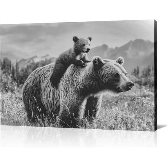 Aaheei Bear Canvas Wall Art Black and White Picture Bear with Cub Painitng Nursery Wall decor Wild Animal Prints Kids Room Living Room Bedroom Decor