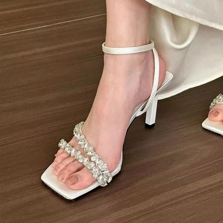

HHH High-Grade White Rhinestone Strap Square Toe High Heel Sandals Women s Stiletto Heel French Style Classic Style Fairy Style Open Toe Women s Sandals